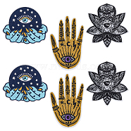 6Pcs 3 Style Evil Eye Theme Crystal Ball/Lotus/Hamsa Hand Embroidered Polyester Clothing Patches, Iron on Appliques, Costume Accessories, for Clothes, Dress, Hat, Jeans, Mixed Color, 77~91x67~91x1.3~1.5mm, 2pcs/style(PATC-HY0001-22)