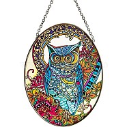 Stained Acrylic Owl Art Window Planel with Chain, for Suncatchers Window Home Hanging Ornaments, Oval, Colorful, 179.8mm(STGL-PW0001-38)