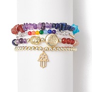 4Pcs 4 Style Natural Mixed Gemstone Beaded Stretch Bracelets Set, Buddhist Head & Lotus & Hamsa Hand 201 Stainless Steel & Brass Charms Stackable Bracelets for Women, Inner Diameter: 2-3/8 inch(5.9cm), 1Pc/style(BJEW-JB09222)