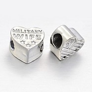 Alloy European Beads, Large Hole Heart Beads, Long-Lasting Plated, with Words Military Wife, Silver Color Plated, 10x11x6mm, Hole: 4mm(PALLOY-J659-39S-3A)