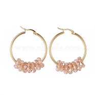 304 Stainless Steel Hoop Earrings, with Faceted Glass Beads, Golden, Sandy Brown, 12 Gauge, 42x33x2mm, Pin: 0.8x1.2mm(EJEW-JE03572-08)