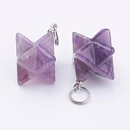 Natural Amethyst Pendants, with 201 Stainless Steel Split Rings, Stainless Steel Color, Merkaba Star, 23~24x17~17.5x20mm, Hole: 6mm(G-E398-01B)