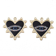 (Holiday Stock-Up Sale)Printed Alloy Pendants, with Enamel and ABS Plastic Imitation Pearl, Heart with Eye, Light Gold, Black, 33x33x2.5mm, Hole: 1.8mm(X-ENAM-S016-69A)