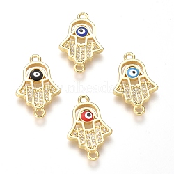Brass Micro Pave Cubic Zirconia Links connectors, with Enamel, Hamsa Hand/Hand of Fatima/Hand of Miriam, Eye, Clear, Golden, 22x14x2mm, Hole: 1.8mm(KK-G374-29G)