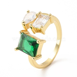 Cubic Zirconia Heart and Rectangle Open Cuff Ring, Real 18K Gold Plated Brass Jewelry for Women, Lead Free & Cadmium Free, Green, US Size 5 3/4(16.3mm)(RJEW-H101-06G)
