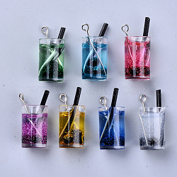 Imitation Juice Glass Pendants, Plastic Pendants, with Resin and Glitter Powder inside, Platinum Tone Iron Eye Pin, Mixed Color, 24~26x11mm, Hole: 1.8mm(X-CRES-S359-15)