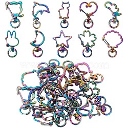 20Pcs 10 Styles Rainbow Color Vacuum Plated Alloy Keychain Clasps, Lanyard Hollow Trigger Snap Hooks, Star & Moon & Flower & Cat & Heart, 34~41x19~30mm, about 2pcs/style(JX114A)