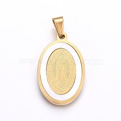 304 Stainless Steel Pendants, with Shell, Oval with Virgin Mary, White, Golden, 27x17x2mm, Hole: 7x4mm(STAS-O100-07G)