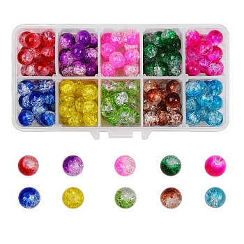 150Pcs 10 Colors Baking Painted Crackle Glass Bead Strands, Roundd, Mixed Color, 10mm, Hole: 1.3~1.6mm, 15pcs/color