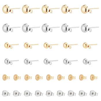 80Pcs 4 Style 304 Stainless Steel Half Round Stud Earring Findings, with Horizontal Loops and 160Pcs Ear Nuts, Golden & Stainless Steel Color, 9x6mm, 6.5x4mm, Hole: 1mm, Pin: 0.7mm, 20Pcs/style