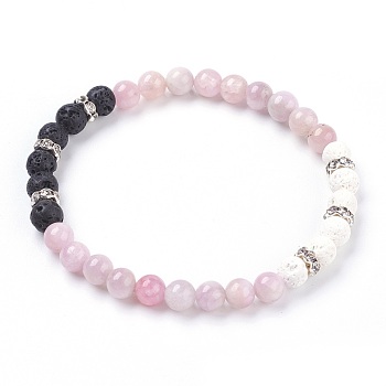 Natural Kunzite Stretch Bracelets, with Dyed Natural Lava Rock(Dyed) Beads and Rhinestone Spacer Beads, 2-1/8 inch(5.5cm)
