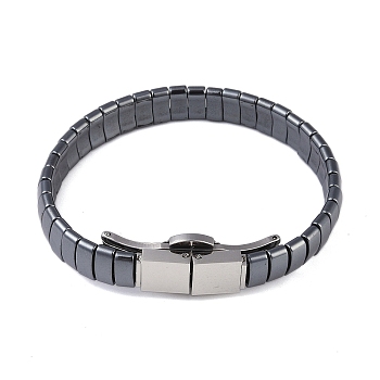 Synthetic Non-Magnetic Hematite Beaded Bracelets for Men, with 304 Stainless Steel Clasps, Stainless Steel Color, Inner Diameter: 2-1/2 inch(6.4cm), 10mm