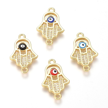 Brass Micro Pave Cubic Zirconia Links connectors, with Enamel, Hamsa Hand/Hand of Fatima/Hand of Miriam, Eye, Clear, Golden, 22x14x2mm, Hole: 1.8mm