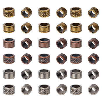 60Pcs 6 Style  Tibetan Style Alloy Spacer Beads, Large Hole Beads, Column, Mixed Color, 11x7mm, Hole: 8mm, 10pcs/style