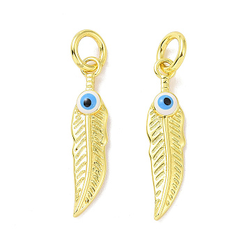 Real 18K Gold Plated Brass Pendants, with Enamel and Jump Ring, Evil Eye, Feather, 23x5x2.5mm, Hole: 4mm