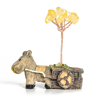 Resin Display Decorations, Reiki Energy Stone Feng Shui Ornament, with Natural Citrine Tree and Copper Wire, Donkey, 59x64mm