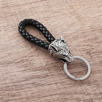 Wolf Viking 304 Stainless Steel Keychains, Split Key Rings, with Black Color Braided PU Leather Cord, Stainless Steel Color, 63mm