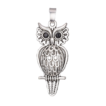 Antique Silver Plated Alloy Pendants, with Rhinestone, Owl, Jet, 41x18x9mm, Hole: 7x4mm