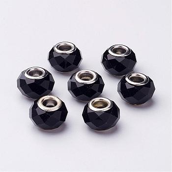 Glass European Beads, Large Hole Beads, Black, Brass Core in Silver Color, about 14mm wide, 9mm long, hole: 5mm