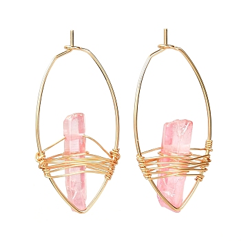 Electroplated Natural Quartz Wire Wrapped Earrings for Girl Women, Golden Horse Eye Shape Brass Hoop Earrings, Pink, 38~39x19x5~6.5mm, Pin: 0.7mm
