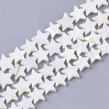 Freshwater Shell Beads Strands, Dyed, Star, White, 9~10.5x9.5~11.5x2~3mm, Hole: 1mm, about 38pcs/Strand, 11.8 inch~13.3 inch