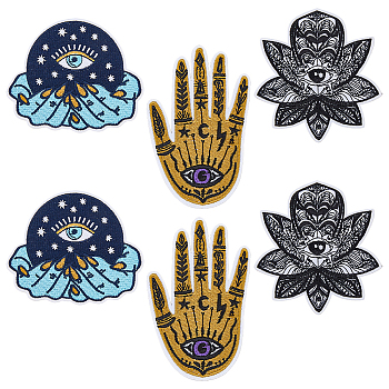 6Pcs 3 Style Evil Eye Theme Crystal Ball/Lotus/Hamsa Hand Embroidered Polyester Clothing Patches, Iron on Appliques, Costume Accessories, for Clothes, Dress, Hat, Jeans, Mixed Color, 77~91x67~91x1.3~1.5mm, 2pcs/style