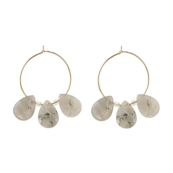 Natural Labradorite Teardrop Beaded Hoop Earrings, Gemstone Earrings for Women, Brass Jewelry, Golden, 47x41x4.6mm, Pin: 0.7mm