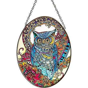Stained Acrylic Owl Art Window Planel with Chain, for Suncatchers Window Home Hanging Ornaments, Oval, Colorful, 179.8mm