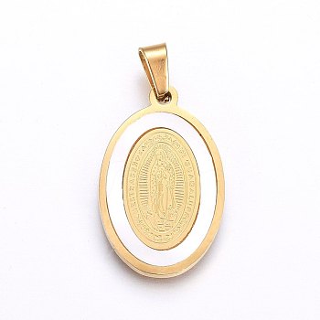 304 Stainless Steel Pendants, with Shell, Oval with Virgin Mary, White, Golden, 27x17x2mm, Hole: 7x4mm