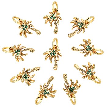 10Pcs Rack Plating Brass Micro Pave Cubic Zirconia Charms, with Jump Ring, Cadmium Free & Lead Free, Coconut Tree, Real 18K Gold Plated, 12x8x2mm, Jump Ring: 5x1mm, Inner Diameter: 3mm