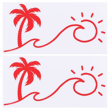 Beach Theme PVC Cartoon Self Adhesive Car Stickers, Waterproof Coconut Tree with Sun Car Decorative Decals for Car Decoration, Red, 92~93x174~182x0.2mm