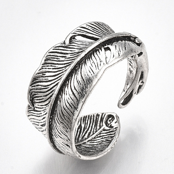 Alloy Cuff Finger Rings, Wide Band Rings, Feather, Antique Silver, Size 9, 19mm