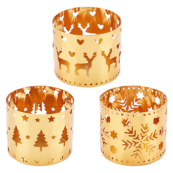 PandaHall Elite 3Pcs 3 Style Iron Candle Holder, for Home Decorations, Hollow Column, Golden, Mixed Patterns, 60.5x52mm, Inner Diameter: 60mm, 1pc/style
