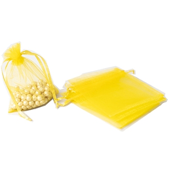 100Pcs Rectangle Organza DIY Craft Drawstring Bags, for Valentine Birthday Wedding Party Candy Wrapping, Yellow, 9x7cm