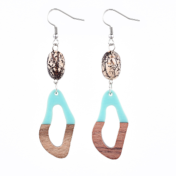 Resin & Wood Dangle Earrings, with Natural Bodhi Wood Bead and 316 Surgical Stainless Steel Earring Hooks, Twisted Oval, Deep Sky Blue, 80~83mm, Pin: 0.6mm