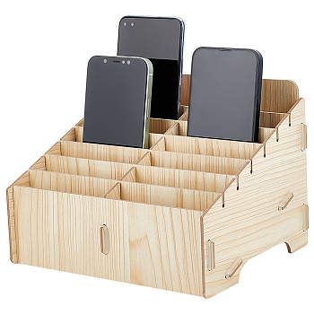 14-Grid Detachable Wooden Cell Phone Storage Box, Mobile Phone Holder, Desktop Organizer Storage Box for Classroom Office, Trapezoid, Wheat, 218x176x150mm