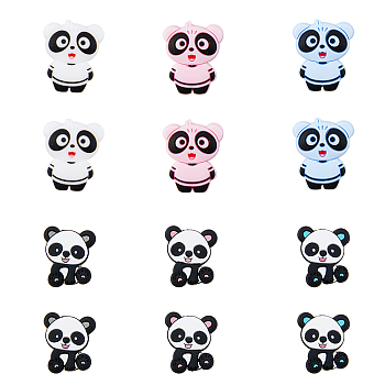12Pcs 6 Style Food Grade Eco-Friendly Silicone Beads, Chewing Beads For Teethers, DIY Nursing Necklaces Making, Animal Theme, Panda, Mixed Color, 26.5~28.5x22~24x7.5~8.5mm, Hole: 2~2.4mm, 2pcs/style
