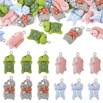 Pandahall 24Pcs 4 Styles Opaque Resin Pendants, Animal Charms, with Platinum Tone Iron Loops, Mixed Shapes, 21~23x13~15.5x7.5~9mm, 6pcs/style