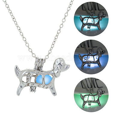 Alloy Dog Cage Pendant Necklace with Synthetic Luminaries Stone(LUMI-PW0001-012P-A)-2