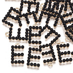 Acrylic Pendants, with Alloy Findings, Letter, Light Gold, Black, Letter.E, 17.5x10x3.5mm, Hole: 1.8mm(PALLOY-T056-70A-E)
