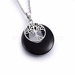 Natural Black Onyx(Dyed & Heated) Flat Round Pendants, Brass Tree of Life Charms, Platinum, 33x28x6mm(G-I357-A01)