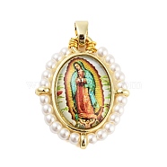 Rack Plating Brass Enamel Pendants, with Plastic Imitation Pearl, Long-Lasting Plated, Cadmium Free & Lead Free, Real 18K Gold Plated, Oval with Virgin Mary Charm, Gold, 28x22.5x6mm, Hole: 4.5x3.5mm(KK-C056-07G-03)