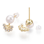 Clear Cubic Zirconia Tree of Life Stud Earrings with Natural Pearl, Brass Earring with 925 Sterling Silver Pins, Real 18K Gold Plated, 13.5x8.5mm, Pin: 12x0.8mm(PEAR-N020-06I)