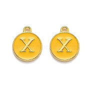 Golden Plated Alloy Enamel Charms, Enamelled Sequins, Flat Round with Alphabet, Letter.X, Yellow, 14x12x2mm, Hole: 1.5mm(ENAM-Q437-13X)