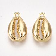 Brass Charms, Cowrie Shell Shape, Nickel Free, Real 18K Gold Plated, 12.5x7.5x3mm, Hole: 1mm(KK-S350-259G)