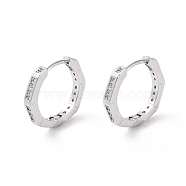 Brass Micro Pave Cubic Zirconia Hoop Earrings, Octagon, Real Platinum Plated, 12x2mm(EJEW-P259-09P)