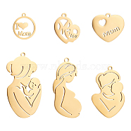 PandaHall Elite 6Pcs 6 Style 304 Stainless Steel Pendants, Heart & Pregnant Woman & Mother & Child, for Mother's Day, Real 18K Gold Plated, 17.5~46x15.5~25x1~1.5mm, Hole: 1.4~2mm, 1pc/style(STAS-PH0004-43)