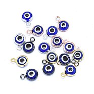 Handmade Evil Eye Lampwork Charms, with Brass Findings, Flat Round, Blue, Mixed Color, 10x6.5x3mm, Hole: 1.5mm(KK-F764-13-04)