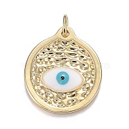 Brass Enamel Pendants, Long-Lasting Plated, Flat Round with Horse Evil Eye, White, Real 18K Gold Plated, 19.5x16.5x2.5mm, Hole: 3.5mm(ZIRC-F120-042G)