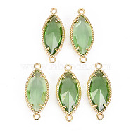 Glass Links Connectors, with Light Gold Tone Brass Findings, Faceted Horse Eye, Light Green, 21x9x4mm, Hole: 1.2mm(GLAA-S193-016K)